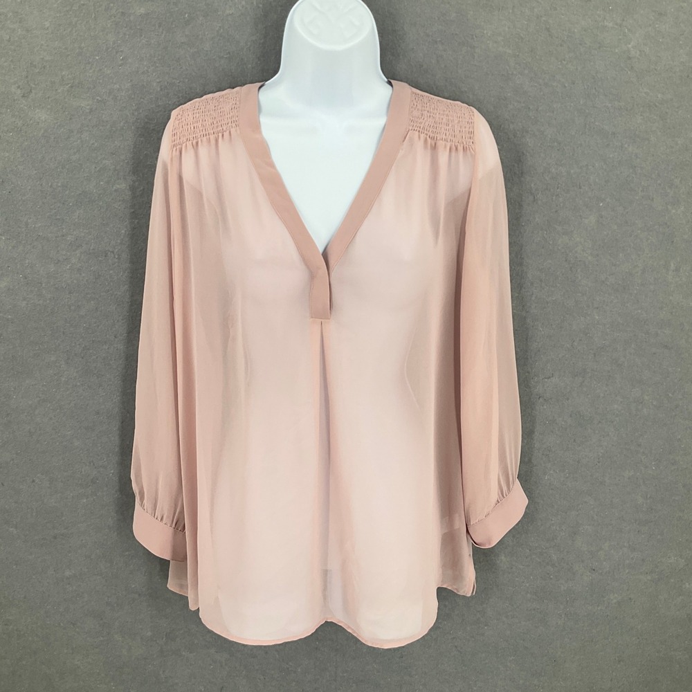 Chelsea 28 Top Women's Blouse Romantic Smocked‎ V-Neck Sheer Blush Pink Sz L
